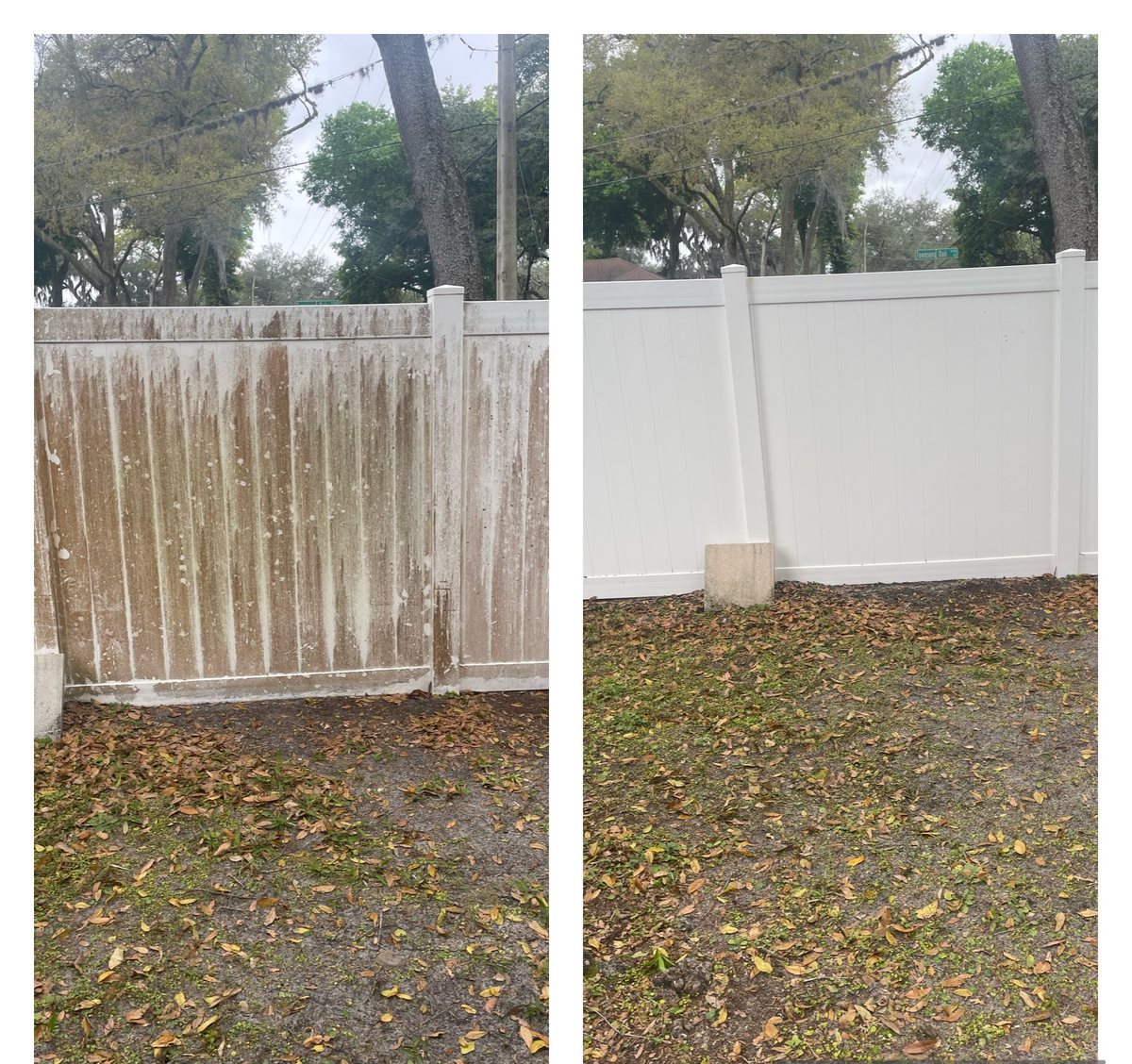 White vinyl fence before and after cleaning