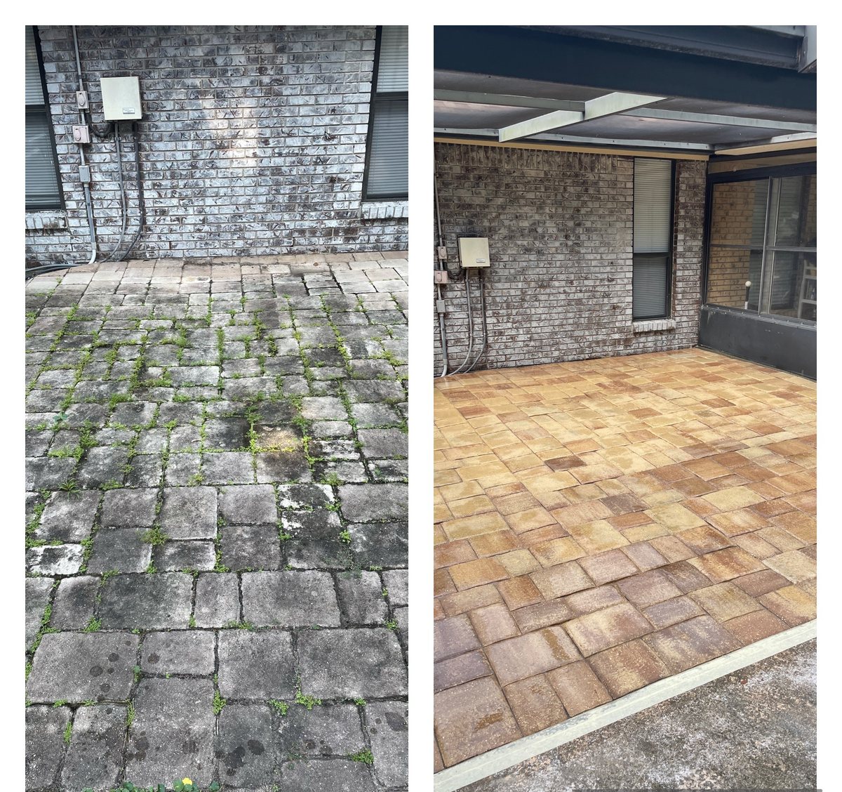 Paver patio before and after pressure washing