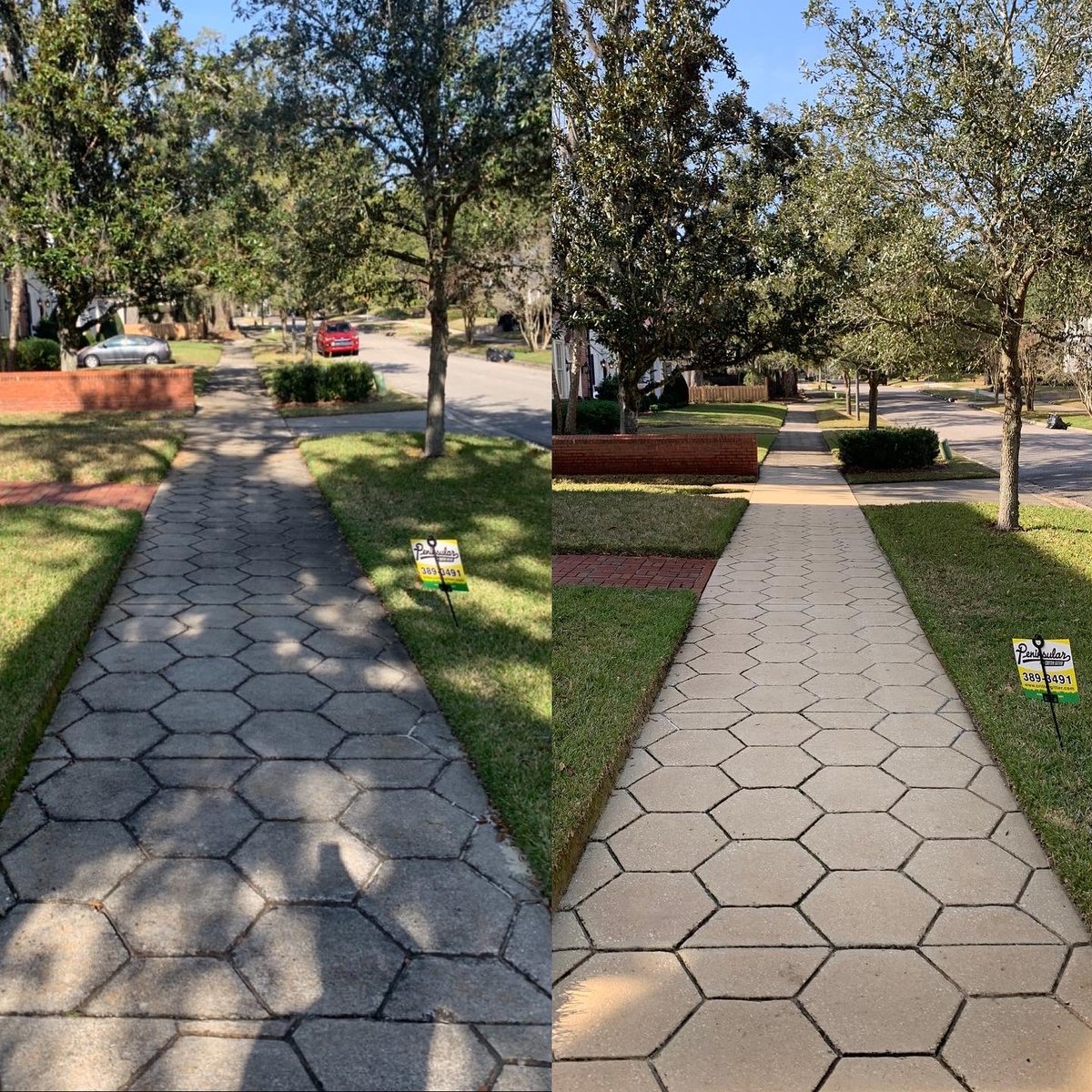 Concrete walkway before and after pressure washing